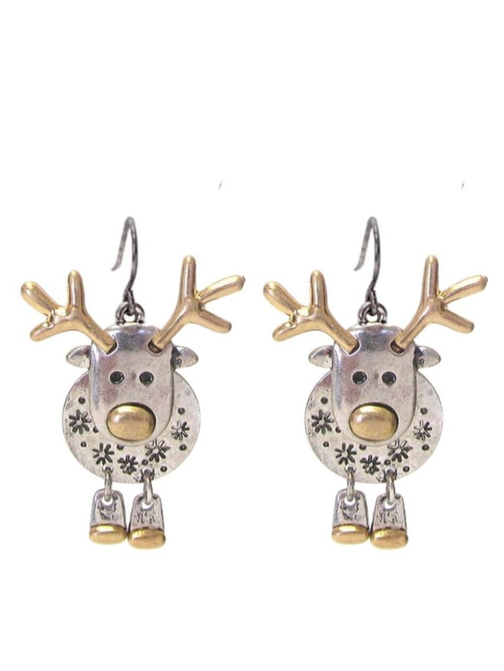 Two Tone Reindeer Dangle Movable Earrings Silver Gold Christmas Holiday